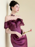 Chic Off-the-shoulder Mermaid Long Prom Dresses Satin Grape Evening Dresses HZ1121