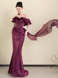 Chic Off-the-shoulder Mermaid Long Prom Dresses Satin Grape Evening Dresses HZ1121