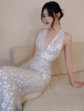 Sexy V neck Mermaid Long Prom Dresses Sequin White Evening Dresses HZ1121