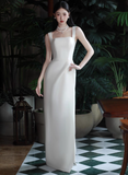 Elegant Square Neck Sheath Long Prom Dresses Satin White Evening Dresses HZ1121