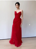 Elegant Sweetheart Neck Sheath Long Prom Dresses Lace Red Evening Dresses HZ1121