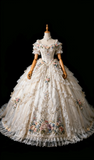 Cute Short Sleeve Ball Gown Lace Long Prom Dresses Apricot Applique Birthday Dresses Sweet 16 Dress HZ1121
