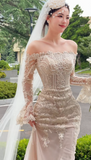 Elegant Off-the-shoulder Sheath Wedding DressesTulle Applique Ivory Bridal Gowns HZ1121