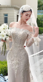 Elegant Off-the-shoulder Sheath Wedding DressesTulle Applique Ivory Bridal Gowns HZ1121