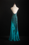 Glam Spaghetti Strap Sheath Long Prom Dresses, Chiffon Beaded Blue Formal Dresses HZ1121