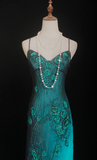 Glam Spaghetti Strap Sheath Long Prom Dresses, Chiffon Beaded Blue Formal Dresses HZ1121