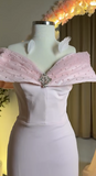 Fairy Off-the-shoulder Mermaid Long Prom Dresses, Satin Pink Evening Dresses HZ1121