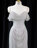 Glam Strapless Sheath Long Prom Dresses Net Silver Evening Dresses HZ1121