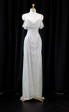 Glam Strapless Sheath Long Prom Dresses Net Silver Evening Dresses HZ1121