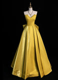 Chic Strapless A-Line Long Prom Dresses Satin Yellow Evening Dresses HZ1121