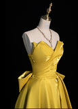 Chic Strapless A-Line Long Prom Dresses Satin Yellow Evening Dresses HZ1121
