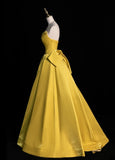 Chic Strapless A-Line Long Prom Dresses Satin Yellow Evening Dresses HZ1121