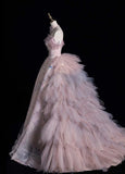 Fairy Sweetheart A-Line Long Prom Dresses Lace Tulle Pink Evening Dresses HZ1121