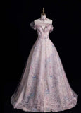Fairy Sweetheart A-Line Long Prom Dresses Lace Tulle Pink Evening Dresses HZ1121
