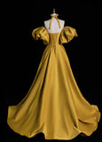 Glam Sweetheart A-Line Long Prom Dresses Satin Yellow Evening Dresses HZ1121