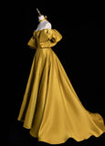 Glam Sweetheart A-Line Long Prom Dresses Satin Yellow Evening Dresses HZ1121
