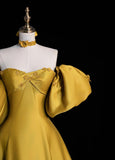 Glam Sweetheart A-Line Long Prom Dresses Satin Yellow Evening Dresses HZ1121