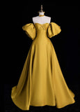 Glam Sweetheart A-Line Long Prom Dresses Satin Yellow Evening Dresses HZ1121