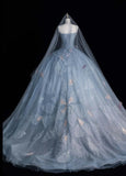 Gorgeous Spaghetti Strap A-Line Long Prom Dresses Tulle Sequined Gray Blue Evening Dresses HZ1121