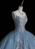 Gorgeous Spaghetti Strap A-Line Long Prom Dresses Tulle Sequined Gray Blue Evening Dresses HZ1121