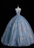 Gorgeous Spaghetti Strap A-Line Long Prom Dresses Tulle Sequined Gray Blue Evening Dresses HZ1121
