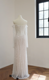 Timeless Off-the-shoulder Sheath Wedding Dresses Tulle Sequined White Bridal Gowns HZ1121