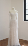 Timeless Off-the-shoulder Sheath Wedding Dresses Tulle Sequined White Bridal Gowns HZ1121