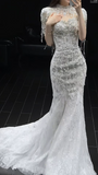 Gorgeous Mermaid Wedding Dresses with Train Beading Tulle Bridal Gowns Short Sleeve Bridal Dresses HZ1121