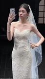 Gorgeous Sheath Wedding Dresses Lace Applique White Bridal Gowns Sweetheart Neck Sleeveless Bridal Dresses HZ1121