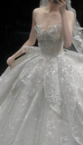 Glitter Strapless Ball Gown Tulle Wedding Dresses Beaded White Bridal Gowns Sleeveless Bridal Dresses HZ1121