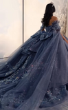 Gorgeous Off-the-Shoulder Ball Gown Tulle Long Prom Dresses Beaded Applique Navy Blue Quinceanera Dresses Sweet 16 Dresses HZ1121