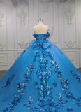 Gorgeous Off-the-Shoulder Ball Gown Tulle Long Prom Dresses Applique Blue Quinceanera Dresses Sweet 16 Dresses HZ1121