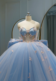 Cute Off-the-shoulder Ball Gown Tulle Long Prom Dresses Applique Blue Quinceanera Dresses Sweet 16 Dresses HZ1121