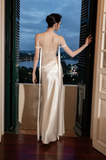Glam Spaghetti Strap Sheath Long Prom Dresses Satin Champagne Evening Dresses HZ1121