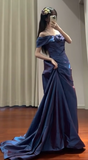 Elegant Off-the-shoulder A-Line Long Prom Dresses Satin Navy Blue Evening Dresses HZ1121