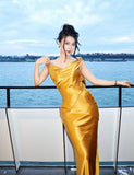 Chic V-neck Sheath Long Prom Dresses Satin Yellow Evening Dresses HZ1121