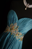 Vintage Sweetheart Neck Sheath Long Prom Dresses Chiffon Pleated Blue Evening Dress Sleeveless Formal Dresses HZ1121