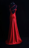 Vintage Spaghetti Strap Sheath Long Prom Dresses Satin Backless Red Evening Dress Beaded Sleeveless Formal Dresses HZ1121