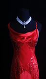 Vintage Spaghetti Strap Sheath Long Prom Dresses Satin Backless Red Evening Dress Beaded Sleeveless Formal Dresses HZ1121