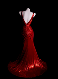 Sexy V-neck Mermaid Long Prom Dresses Backless Red Evening Dress Sleeveless Formal Dresses HZ1121
