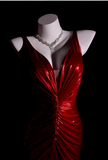 Sexy V-neck Mermaid Long Prom Dresses Backless Red Evening Dress Sleeveless Formal Dresses HZ1121