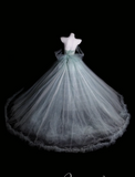 Fairy Off-the-Shoulder Ball Gown Long Prom Dresses Tulle Light Green Quinceanera Dresses Sweet 16 Dresses HZ1121