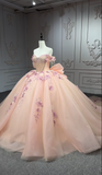 Fairy Off-the-Shoulder Ball Gown Long Prom Dresses Tulle Appliques Orange Pink Quinceanera Dresses Beading Sweet 16 Dresses HZ1121