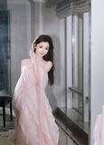 Sweet Strapless Sheath Long Prom Dresses Tulle Pink Evening Dresses HZ1121
