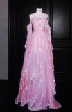 Sweet Strapless Sheath Long Prom Dresses Tulle Pink Evening Dresses HZ1121