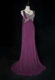 Vintage Strap Sheath Long Prom Dresses Elegant Rhinestone Chiffon Grape Evening Dresses HZ1121