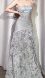 Vintage Strapless Sheath Long Prom Dresses Elegant Tulle Grey Evening Dresses HZ1121