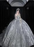 Luxury Off-the-shoulder Ball Gown Beaded Long Wedding Dresses Tulle Silver Bridal Dresses Sleeveless Bridal Gowns HZ1121