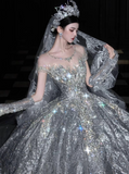 Luxury Off-the-shoulder Ball Gown Beaded Long Wedding Dresses Tulle Silver Bridal Dresses Sleeveless Bridal Gowns HZ1121