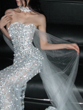 Gorgeous Strapless Mermaid Long Wedding Dresses Tulle Beaded White Bridal Dresses Sleeveless Bridal Gowns HZ1121